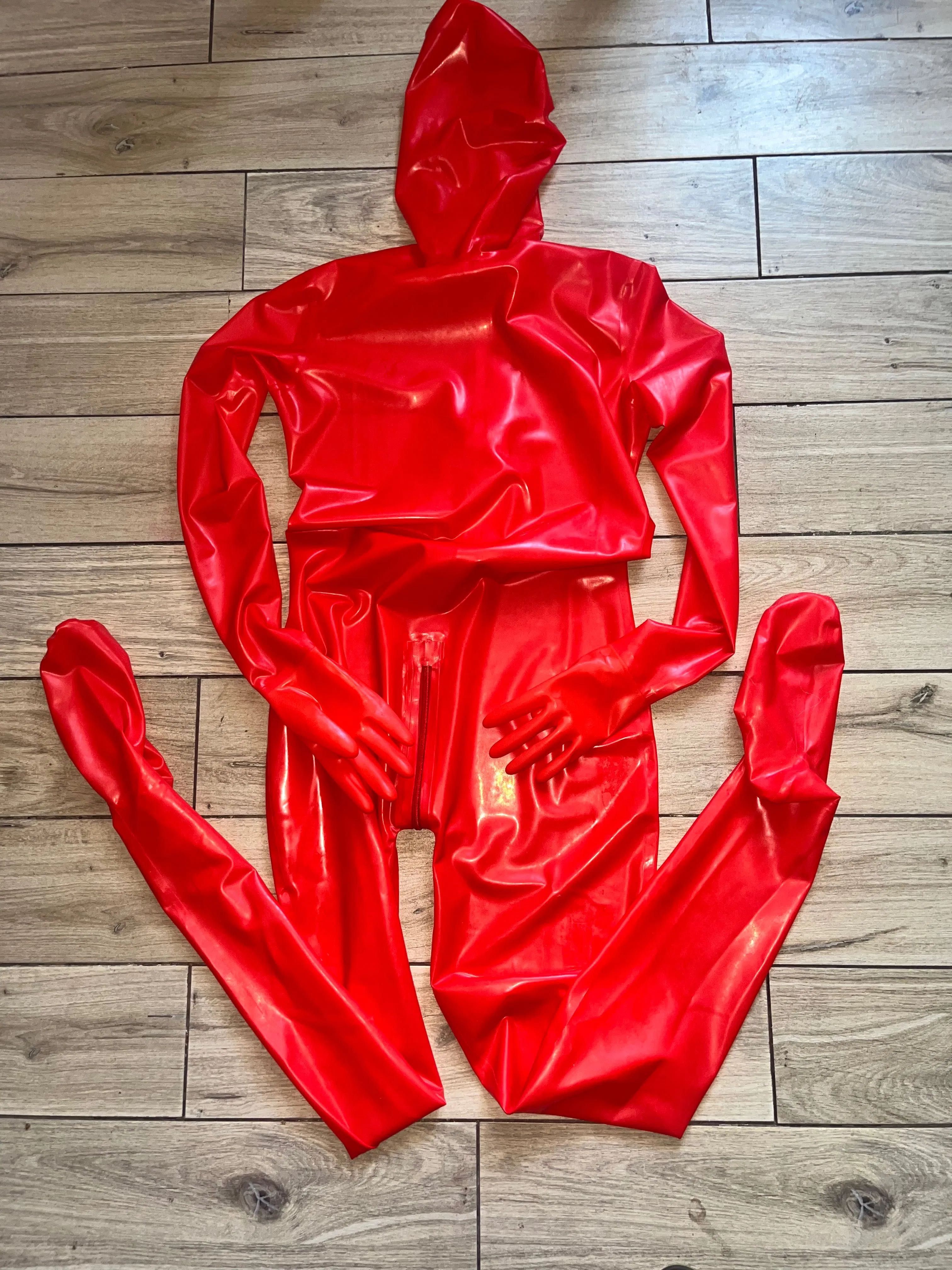 720/ Czerwony XXL kombinezon catsuit maska stopy rece lateks latex 0.4