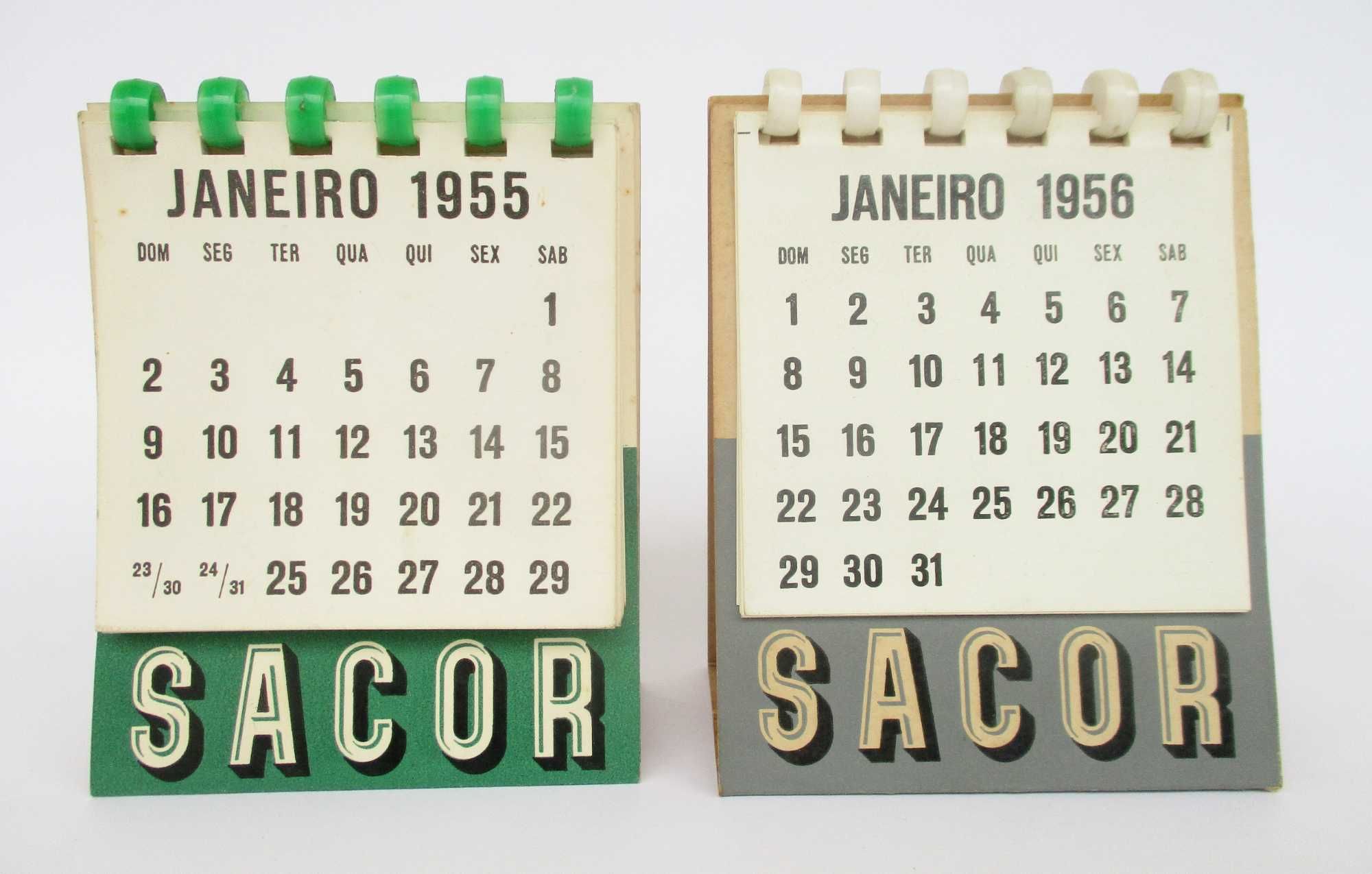 Calendários de secretária Sacor do ano de 1955 e 1956