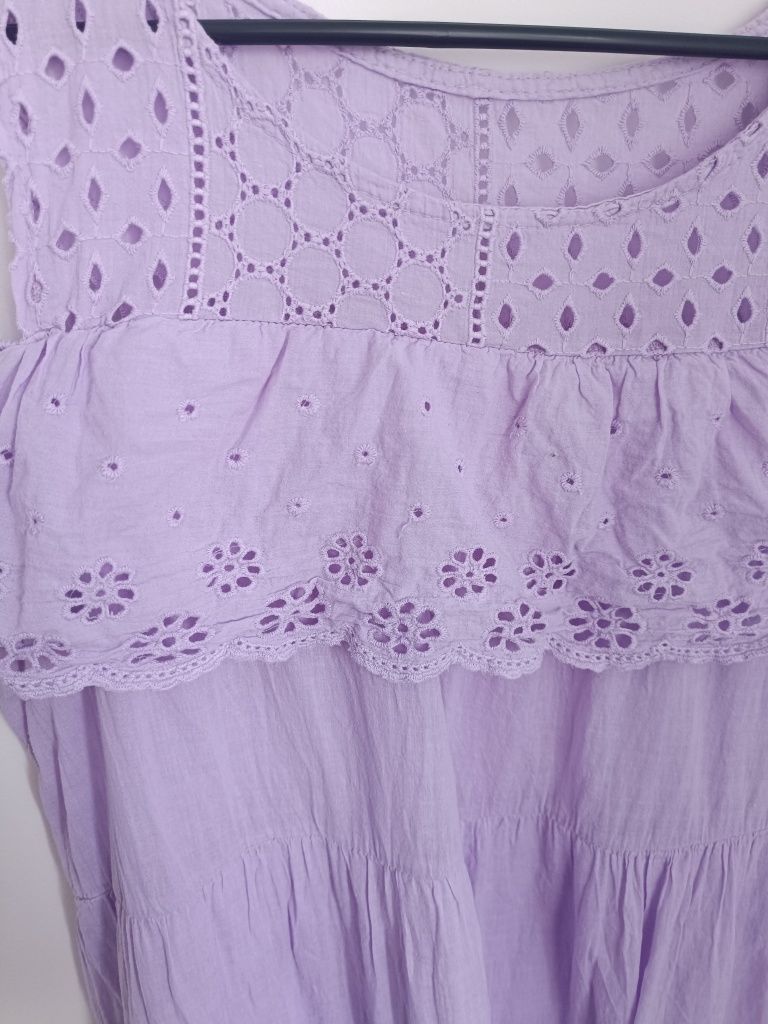 Liliowa fioletowa sukienka babydoll hiszpanka ażurowa bawełniana L/XL