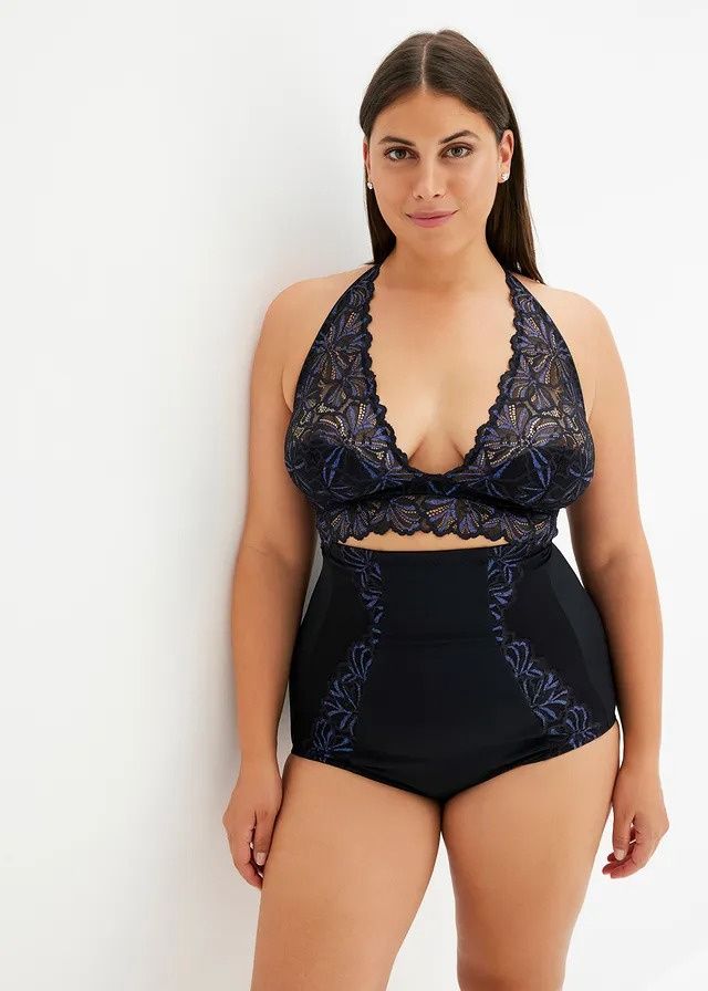 B.P.C majtki figi maxi shape czarne z niebieską koronką wysoki stan r.