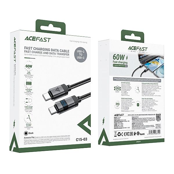 Kabel Acefast C15-04 USB-C - USB-C z wyświetlaczem 480Mb/s 66W 1.2m -