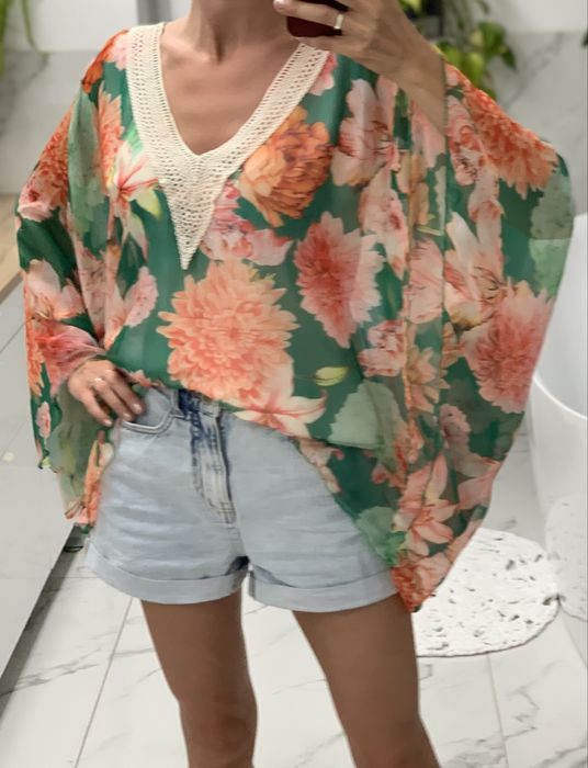 Bluzka zwiewna z szyfonu kolorowa kroj kimono nietoperz lekka 36 37