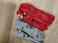 Skarpetki świąteczne (czerwone i szare) z pomponami zestaw skarpetek