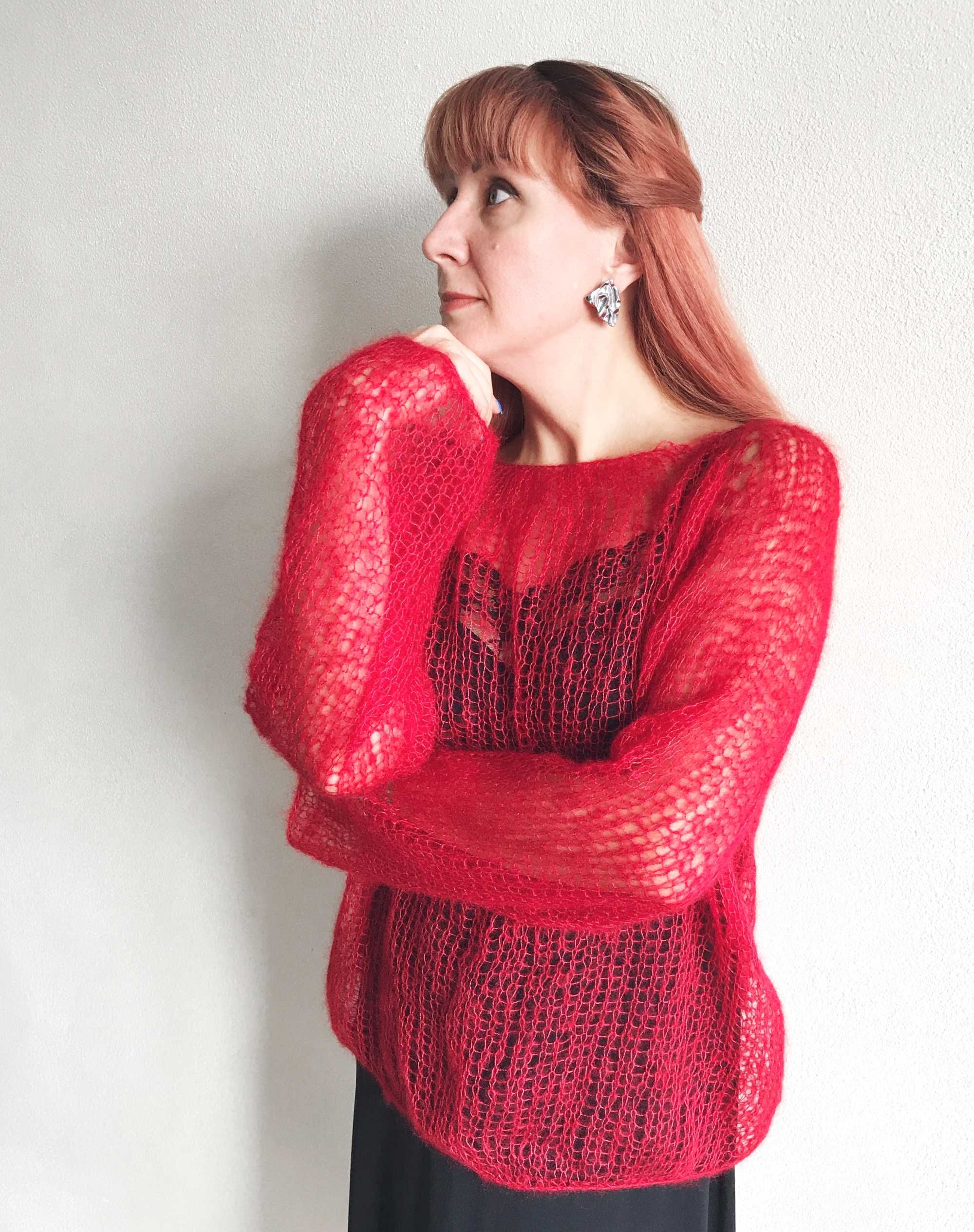 Camisola feita a mao. Oversized Red Kid Mohair and Silk Sweater.