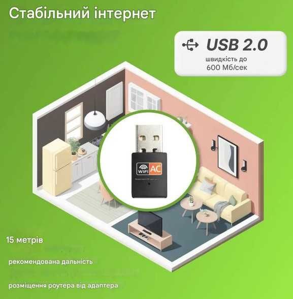 USB-Wi-Fi адаптер AC600 2.4/5 ГГц, чіп Realtek 8811CU, дводіапазонний