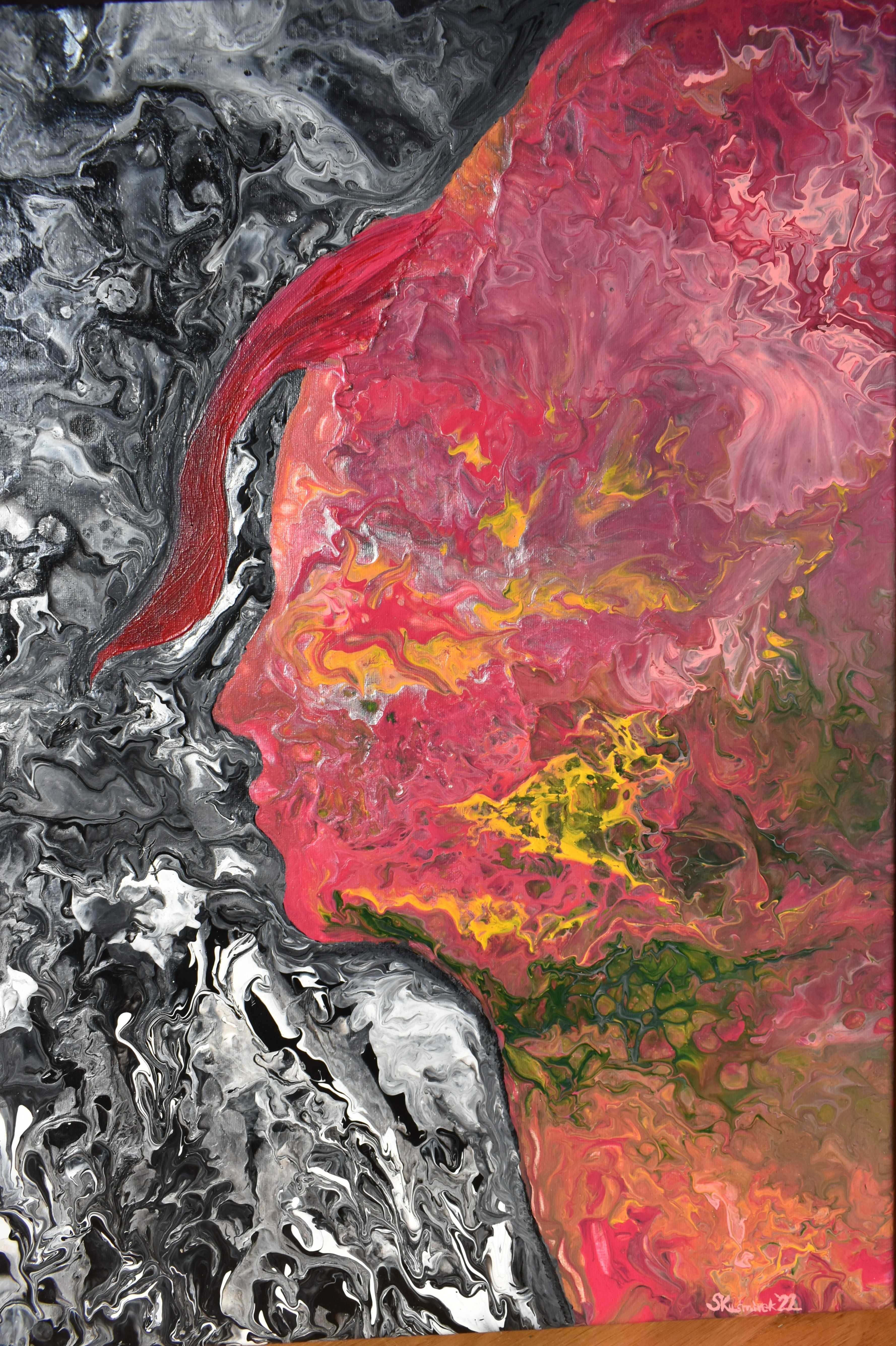 Duży obraz 60x50 akryl/abstrakcja pouring "Dwa żywioły"