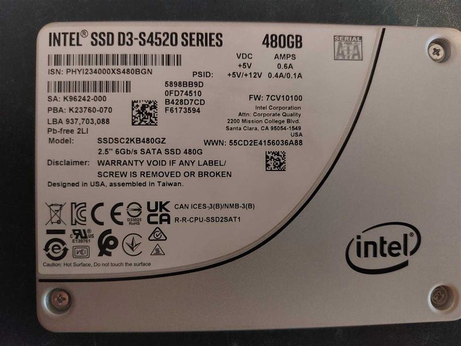 Mało używany Dysk 480GB SSD SATA 6Gbit Intel D3-S4520 SSDSC2KB480GZ
