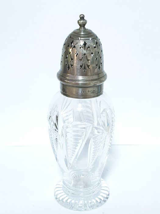 Lindo antigo frasco de açúcar inglês em cristal com prata contrastada