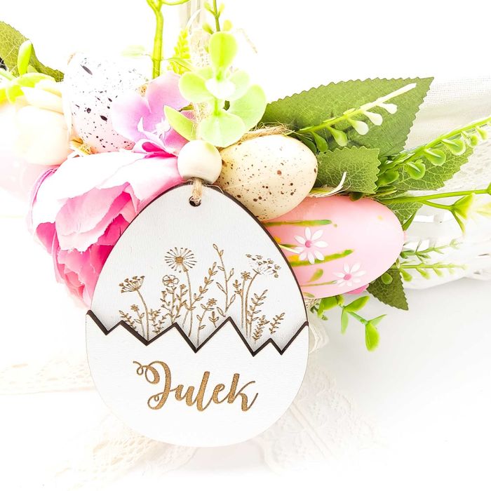 Zawieszka drewniana do koszyczka JAJKO WIELKANOC Imię grawer PREMIUM