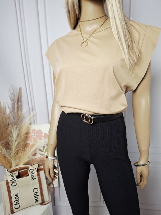 Wygodna beżowa bluzka T-shirt z krótkim rękawem L 40 Bawełna