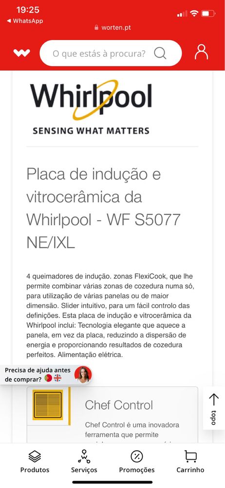 Placa de indução whirlpool WFS 5077- 77CM