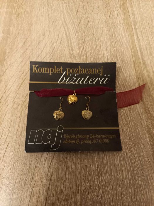 Kolczyki serduszka + zawieszka, pozłacane 24 karat. złotem  AU  0,999
