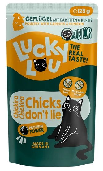 Karma dla starszych kotów bez GMO, cukru i zbóż - Lucky Lou DRÓB 125g