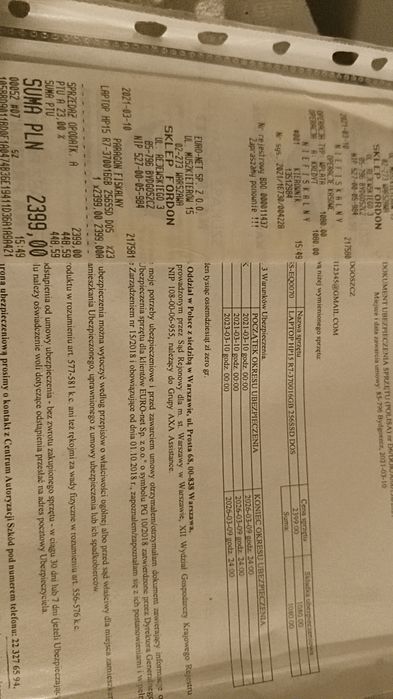 Laptop HP 15.6 cali faktura ubezpieczenie