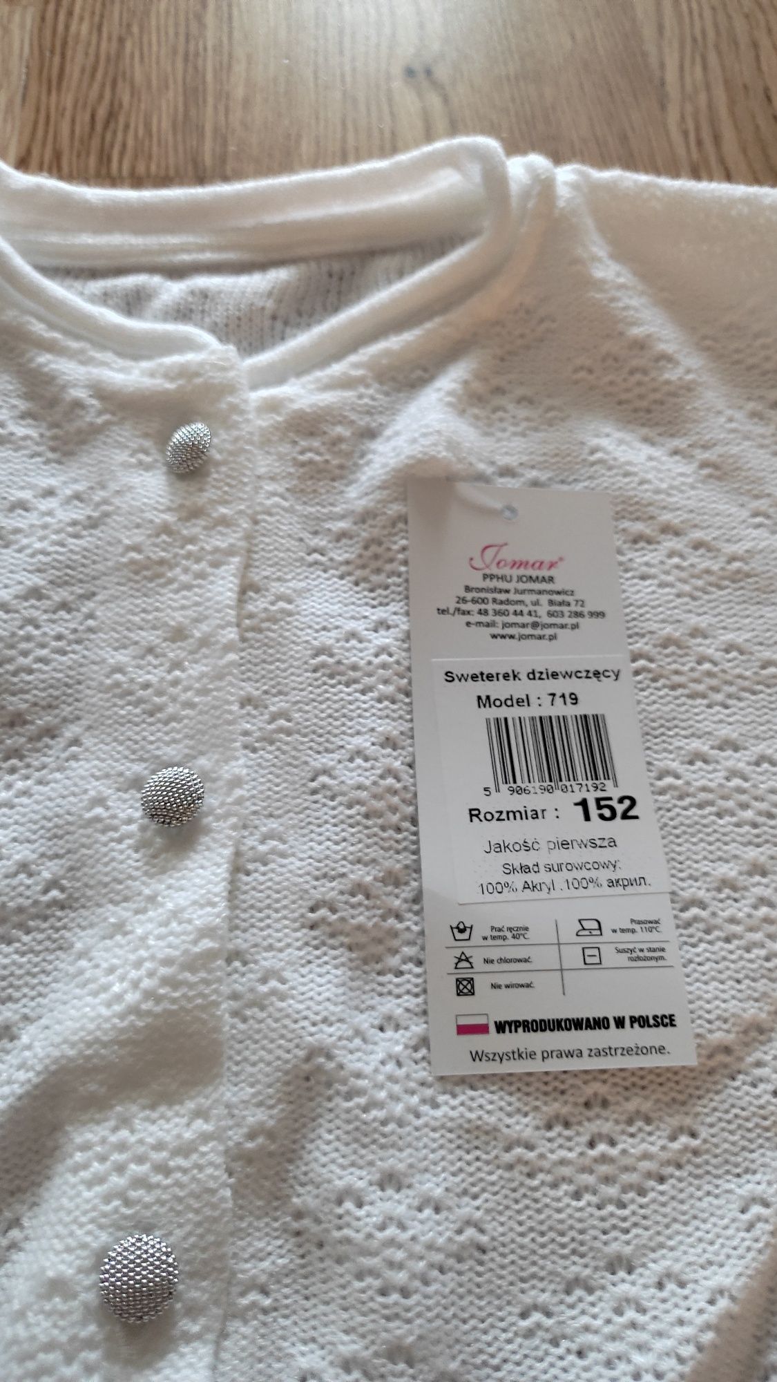 Nowy z metką elegancki biały sweterek r. 152 Jomar