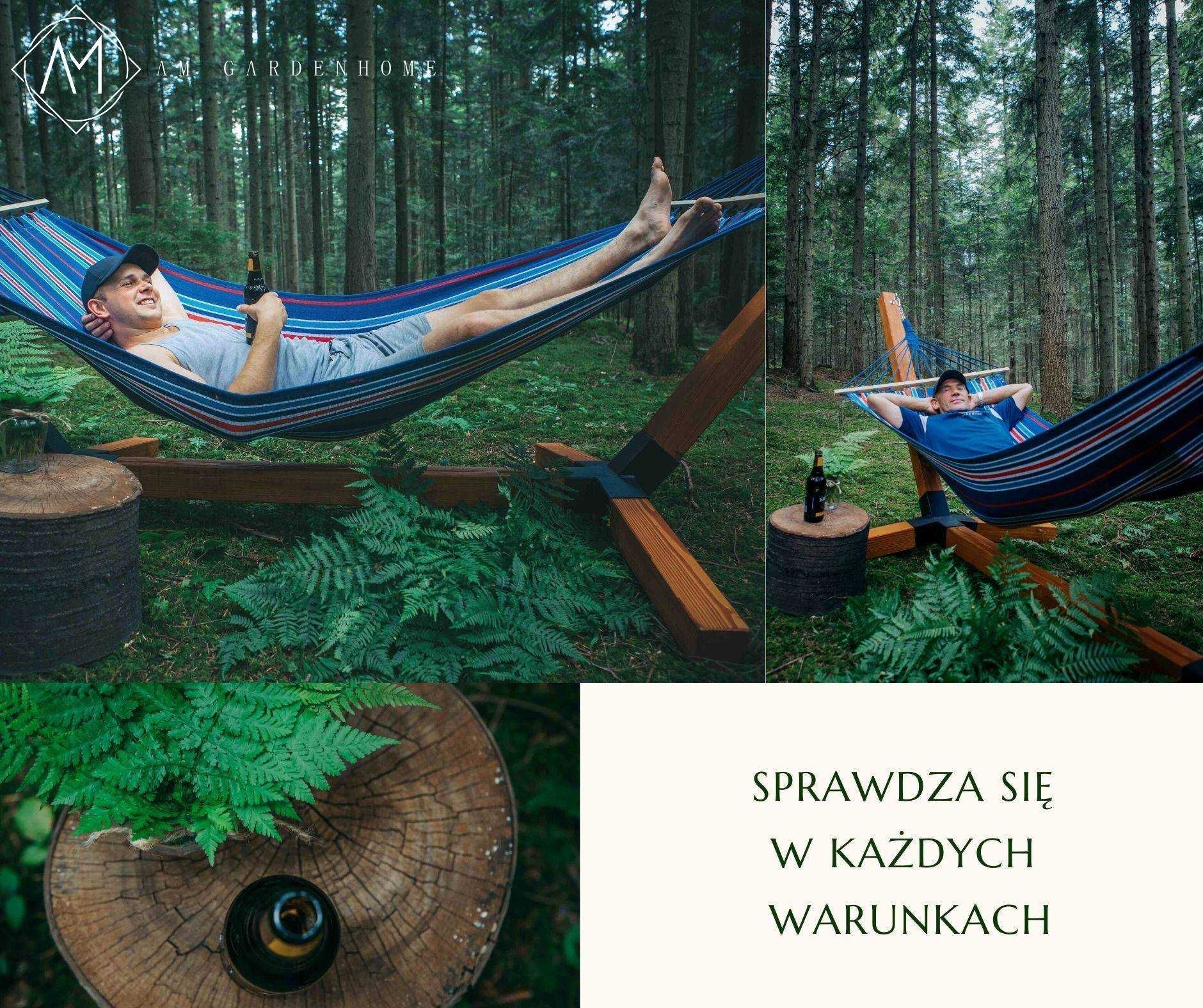 STELAŻ na hamak + HAMAK, leżak z drążkiem rozporowym KOMPLETNY ZESTAW