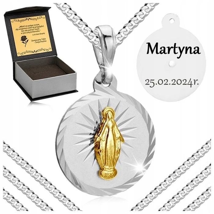 Damski Srebrny Łańcuszek Pancerka 925 Zawieszka Medalik Matka Boska Gr