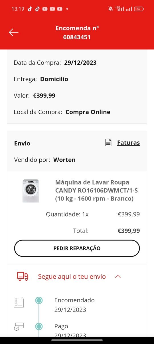 Máquina de lavar 10 kg candy