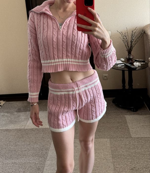 Вʼязаний костюм рожевий жіночий новий светр шорти костюм двійка