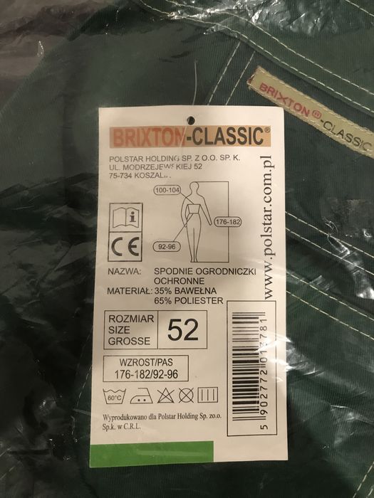 Spodnie robocze NOWE ogrodniczki ochronne Brixton zielone rozmiar 52