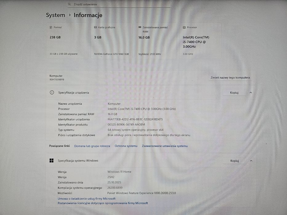 Komputer gamingowy Lenovo Legion | i5-7400 | GTX 1060 | 16GB RAM | SSD
