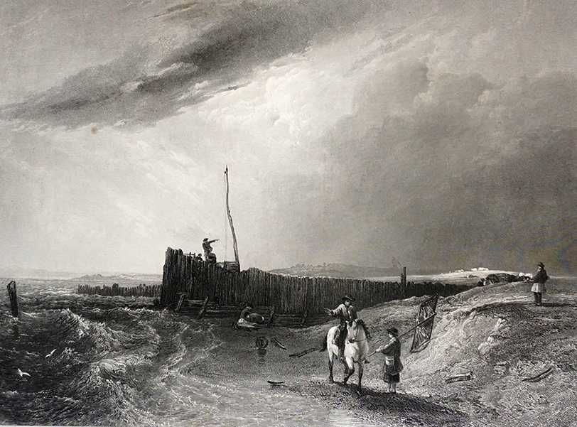 Stara grafika, staloryt, The old pierre at Littlehampton ok. 1850 rok