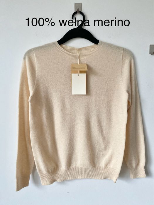 NOWY sweter 100% wełna merino kremowy dzianinowy merynos naturalny
