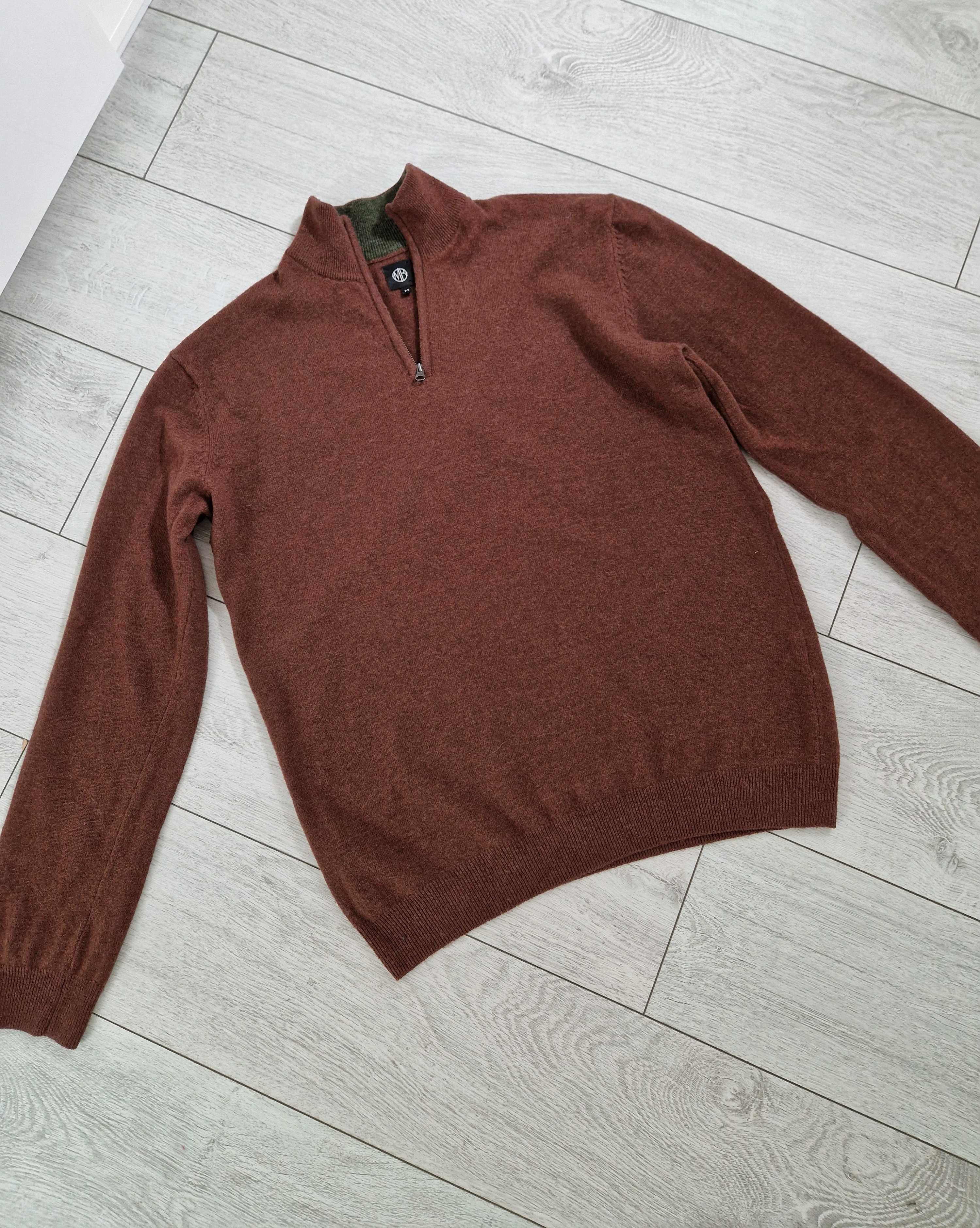 MB brązowy wełniany sweter z suwakiem 80% lambswool wełna M