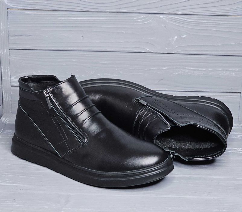 46-48 Кожаные мужские зимние черные сапоги ботинки баталы змейка Maxus