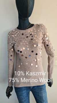 Sweter 10% Kaszmir, 75% Merino Wool. Beżowy ciepły brąz. M L. Cekiny