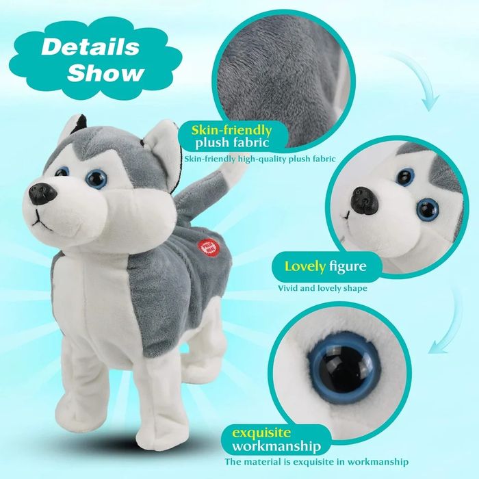Boneco Husky 25cm vai dançando enquanto roda a cabeça e abana o rabo.