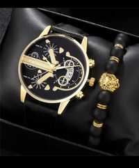 Prezent na święta, męski zegarek plus bransoletka  czarny/złoty (28)