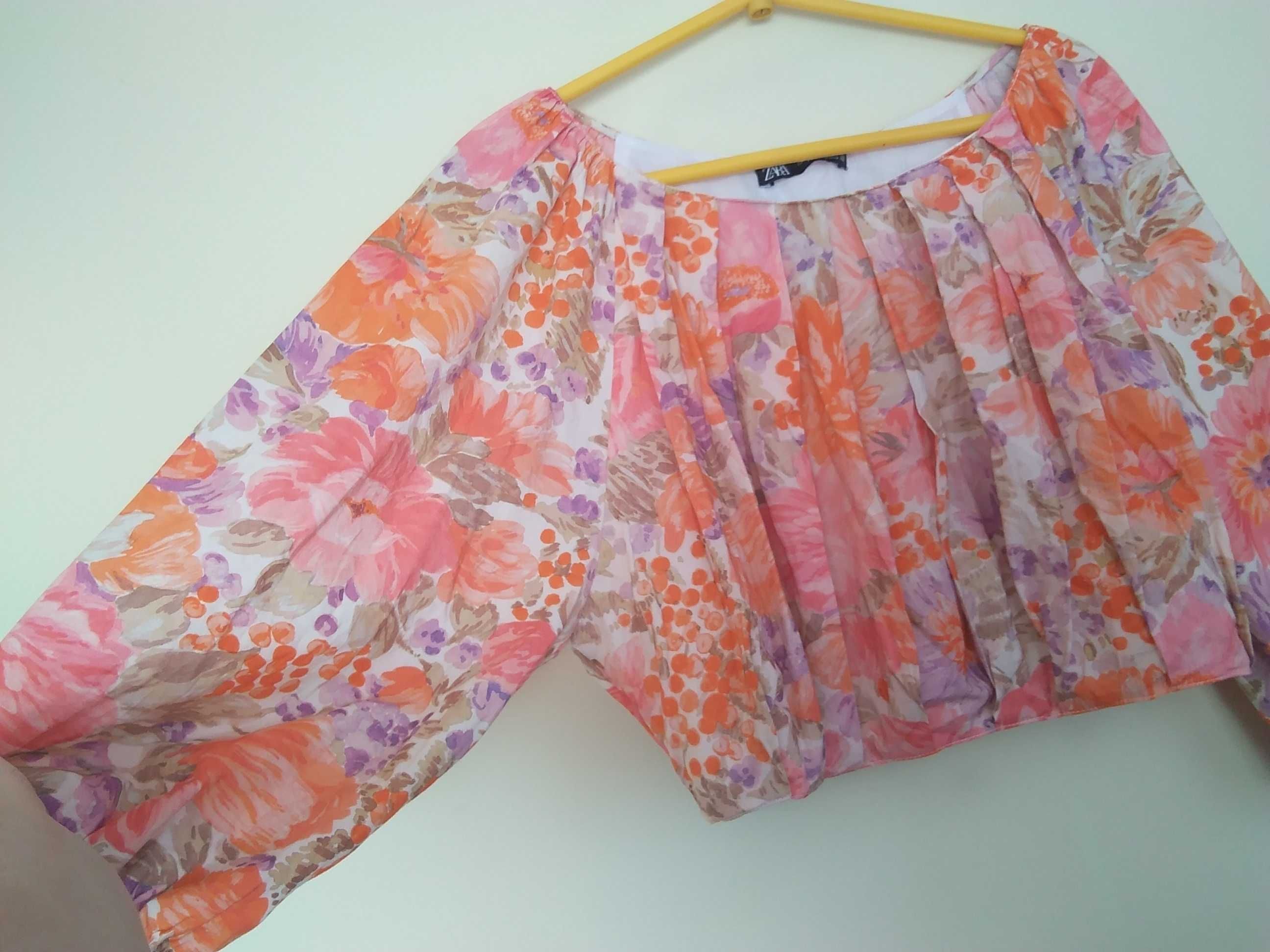 Kwiecisty crop top Zara, boho, hippi, bufiaste rękawy, nowy, rozm uni