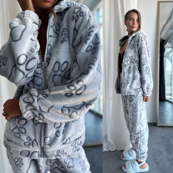 Женская махровая пижама зимняя кофта и штаны с принтом S-XXL свободная