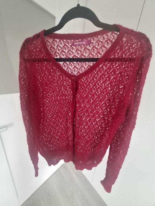 Ażurowy sweterek fuksja, delikatny moher, rozmiar L, stan bdb