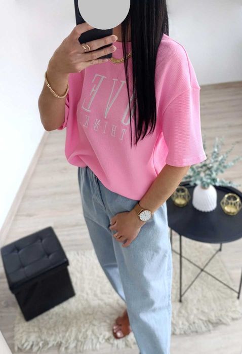 NOWY t-shirt oversize landrynkowy róż 34 XS