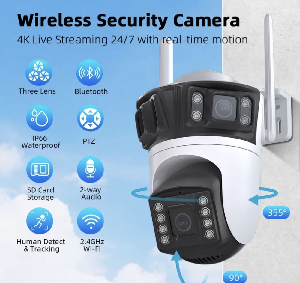 Камера Уличная WiFi IP ICSee камера 12MP 3 объектива Zoom видеокамера