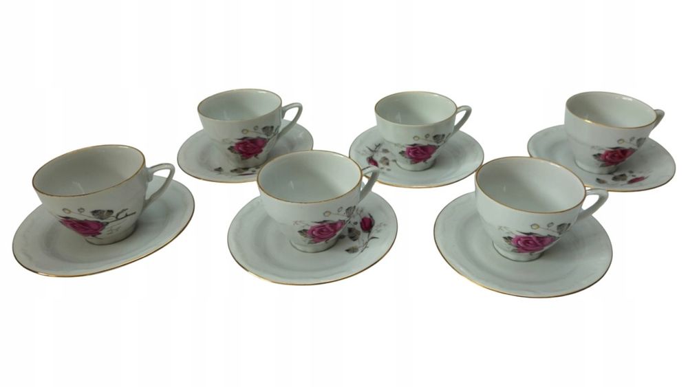 Zestaw Porcelana Bolesławiec Filiżanki Talerzyki Podstawki Róże