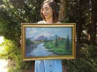 Obraz olejny na płótnie "Pejzaż Górska rzeka" w ramie 69x47cm