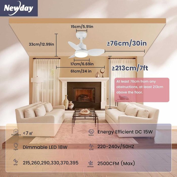 Newday Cichy wentylator sufitowy z oświetleniem LED i pilotem 61 cm