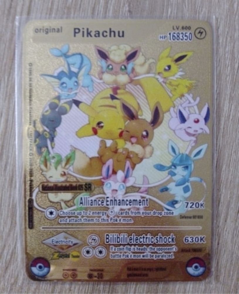 Złota Karta kolekcjonerska Pikachu pokemon metalowa