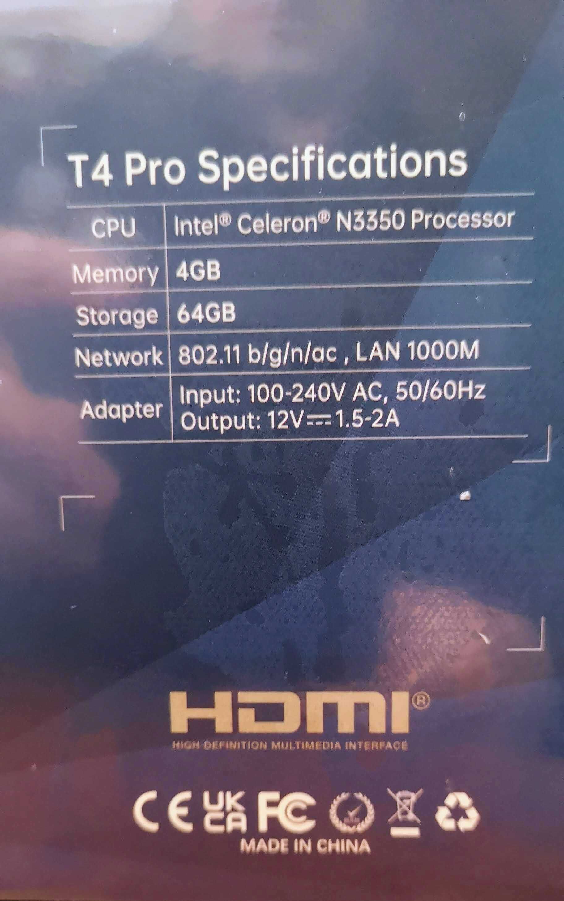 Mini PC T4 Pro - Intel Celeron N3350, 4GB, 64GB (NOVO)
