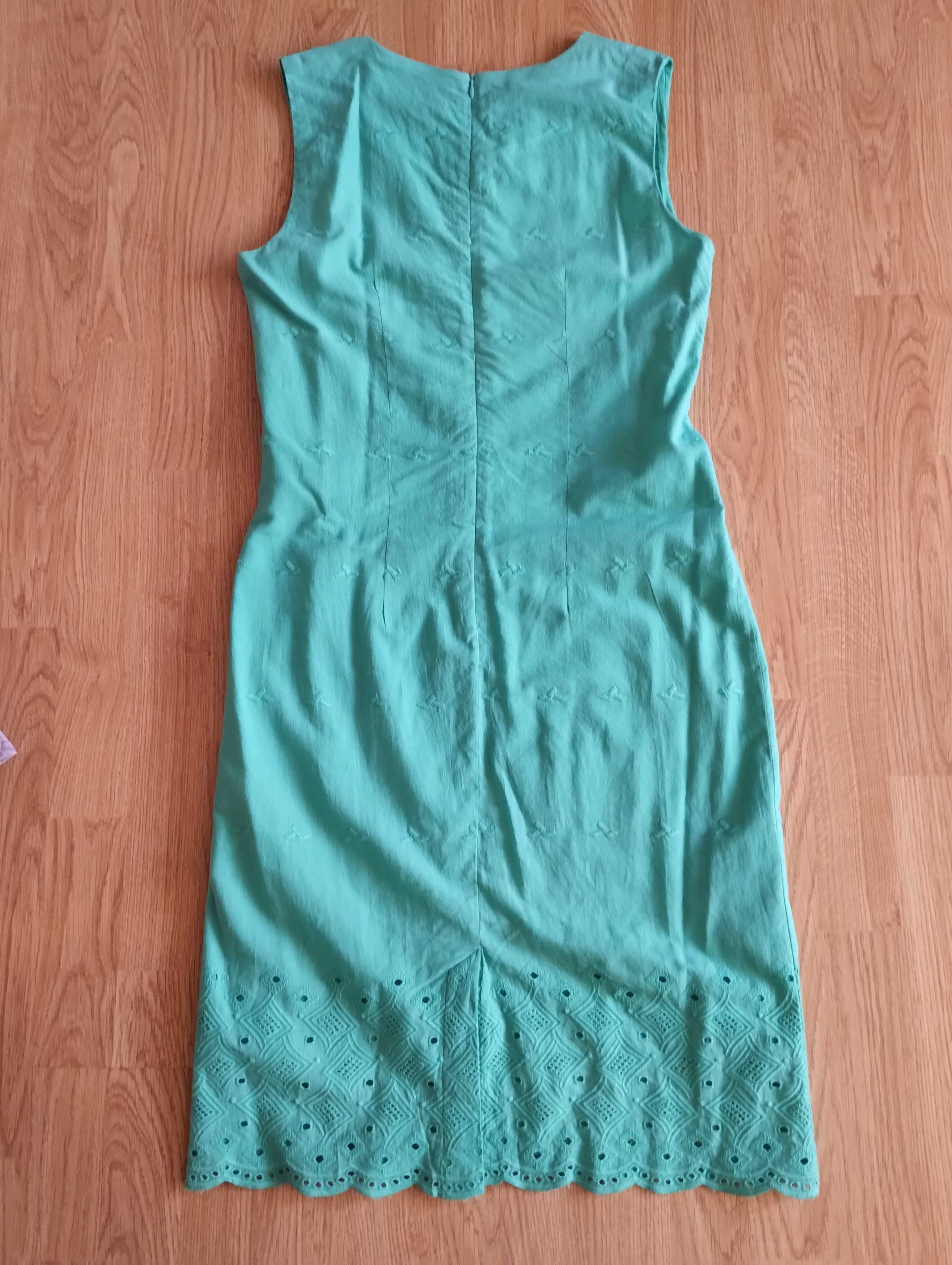 Sukienka letnia bez rękawów płótno,haft,zielona morska 38 lub M,nowa
