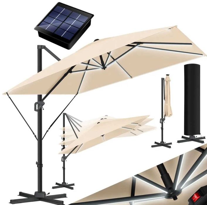 Parasol ogrodowy z oświetleniem LED 300x300x235cm UV obrotowy beżowy