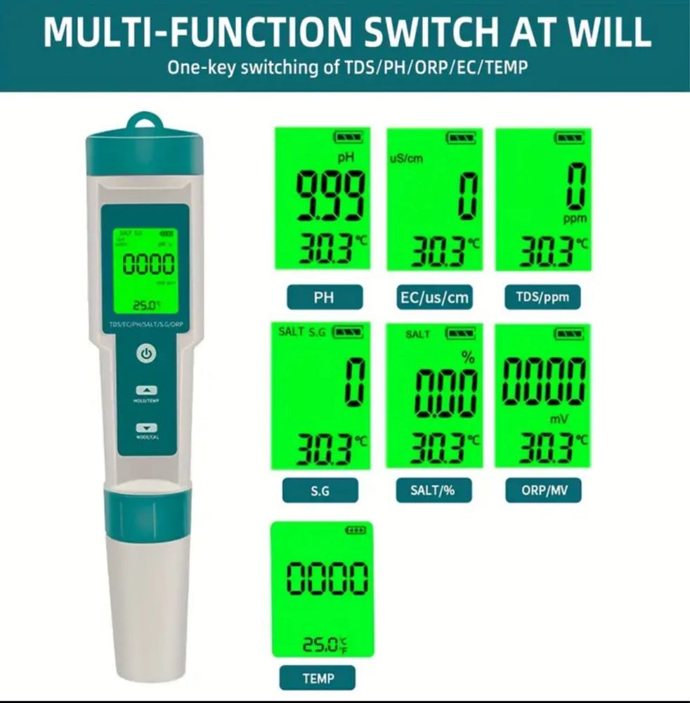 Тестер качества воды 7в1 ORP(ОВП)/РН/TDS метр + EC/TEMP/SALT/S.G