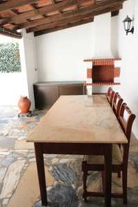 Mesa de MÁRMORE e madeira + 6 cadeiras de palha