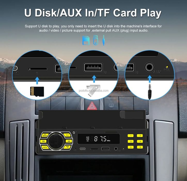 Rádio 1din MP3 Bluetooth FM SD AUX FM com base para telemóvel NOVO