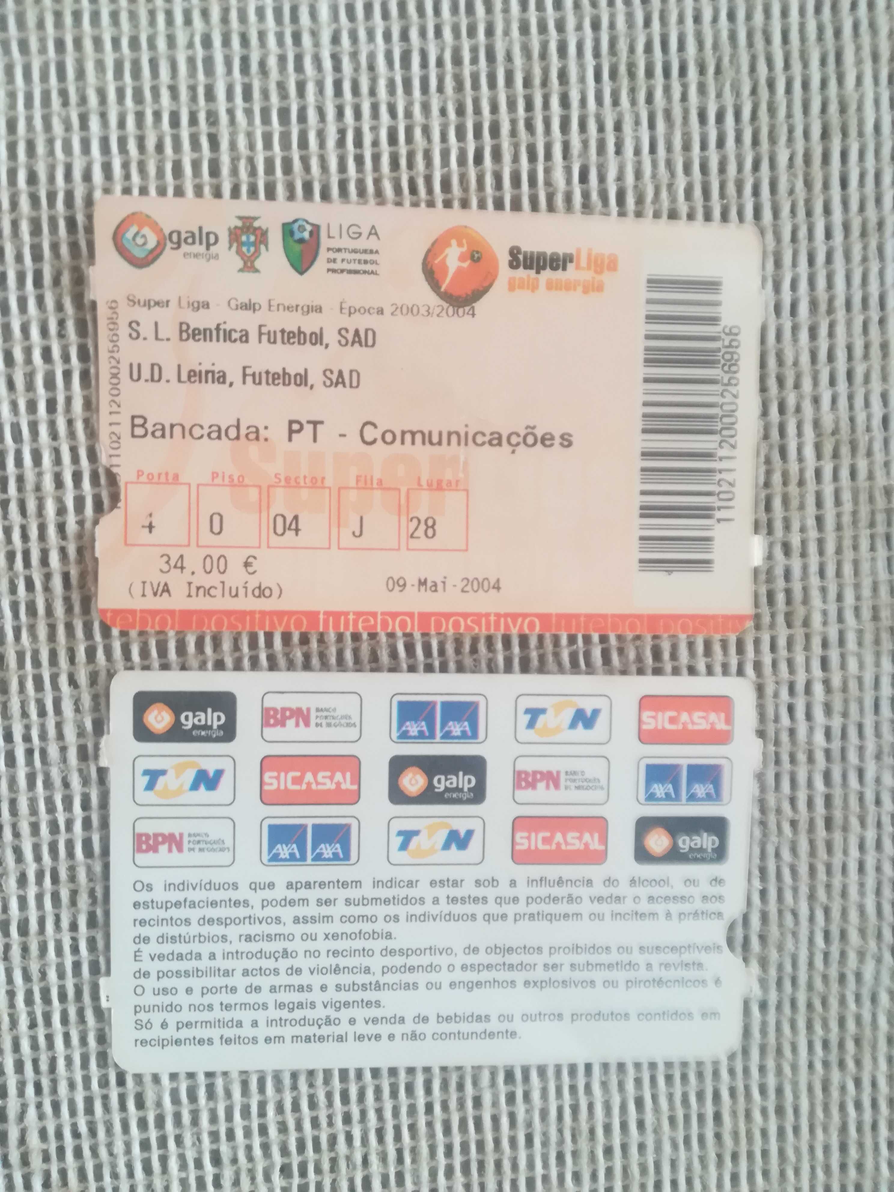 Bilhetes Futebol SLB Benfica Marítimo