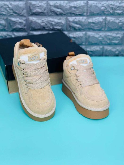 Ugg Lowmel женские зимние кроссовки бежевые на меху натуральная замша