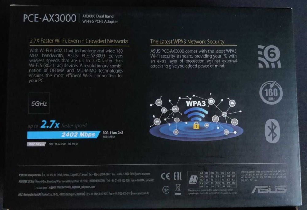 Wi-Fi/Bluetooth адаптер ASUS PCE-AX3000 wifi 6 ax, bluetooth 5, wpa3
